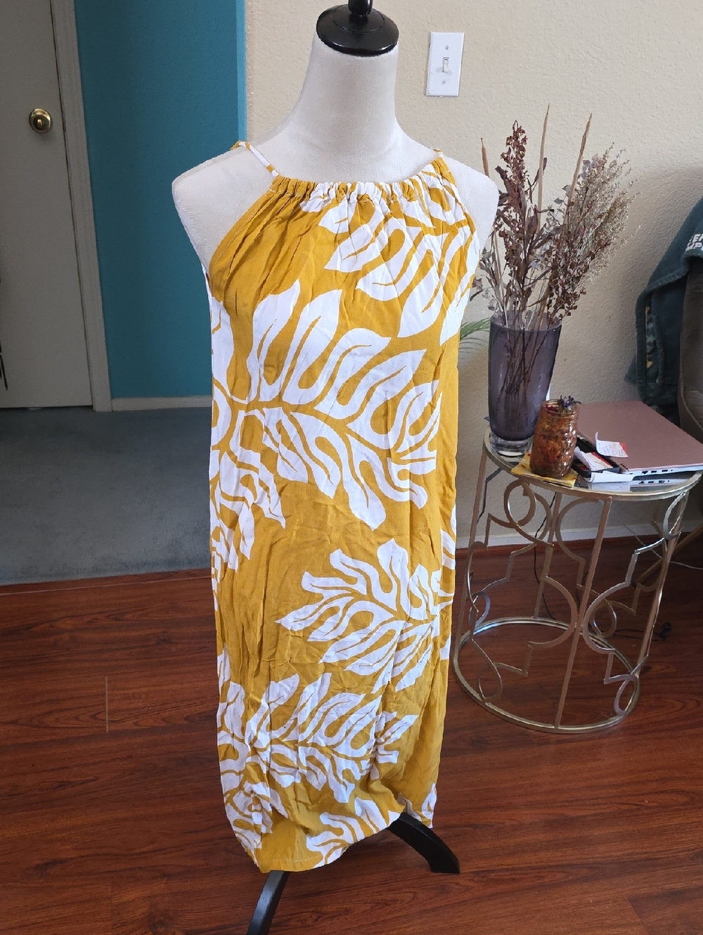Yellow and White Tropical Print Halter Maxi Dress